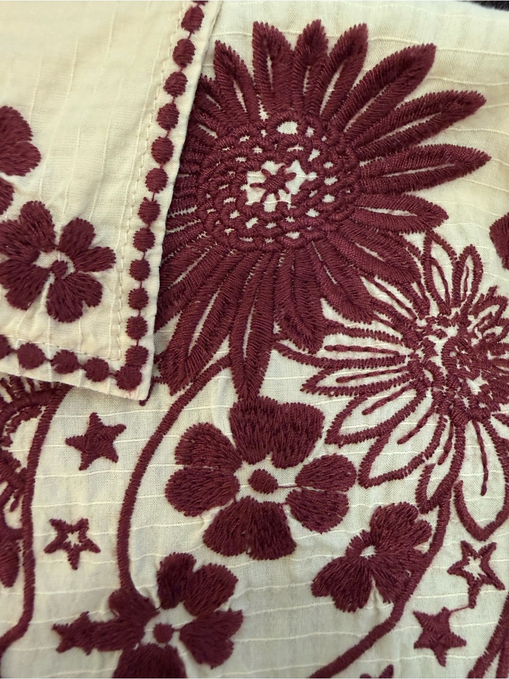 Johnny Was NWT Embroidered Floral Blouse Top Cream Burgundy Maroon Boho L - Picture 6 of 12